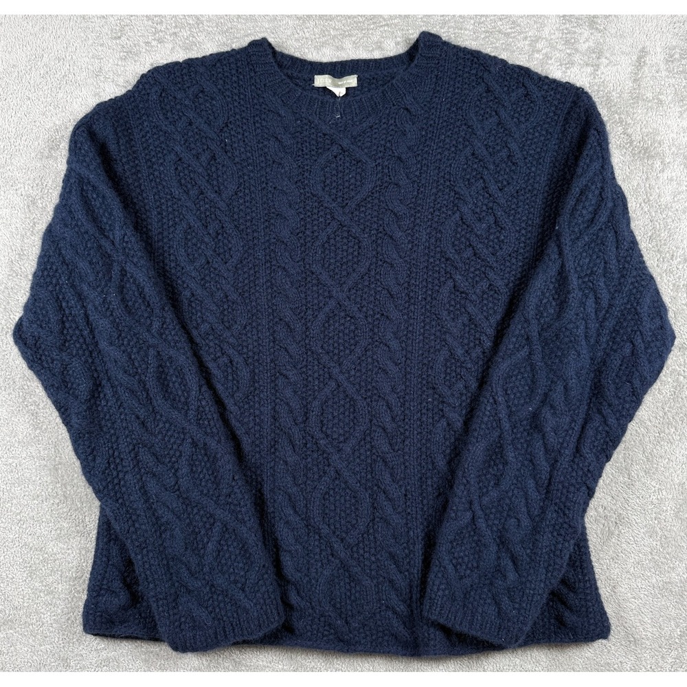 Vintage J Crew Mens Large Blue 100% Wool Cable Knit By Hand Pullover Sweater